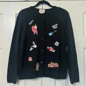 Tia Designs Womens Medium Sock Hop 1950s Embroidered Button Cardigan Sweater VTG